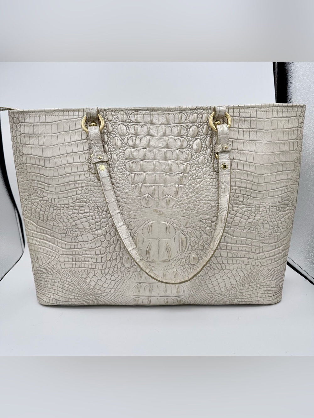 Brahmin Melbourne Croc Embossed Leather Tote Bag Linen Cream Gold - Picture 2 of 13